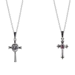 NEW FAO Schwarz Mother Daughter Cross Necklace Cubic Zirconia Plated Fine Silver